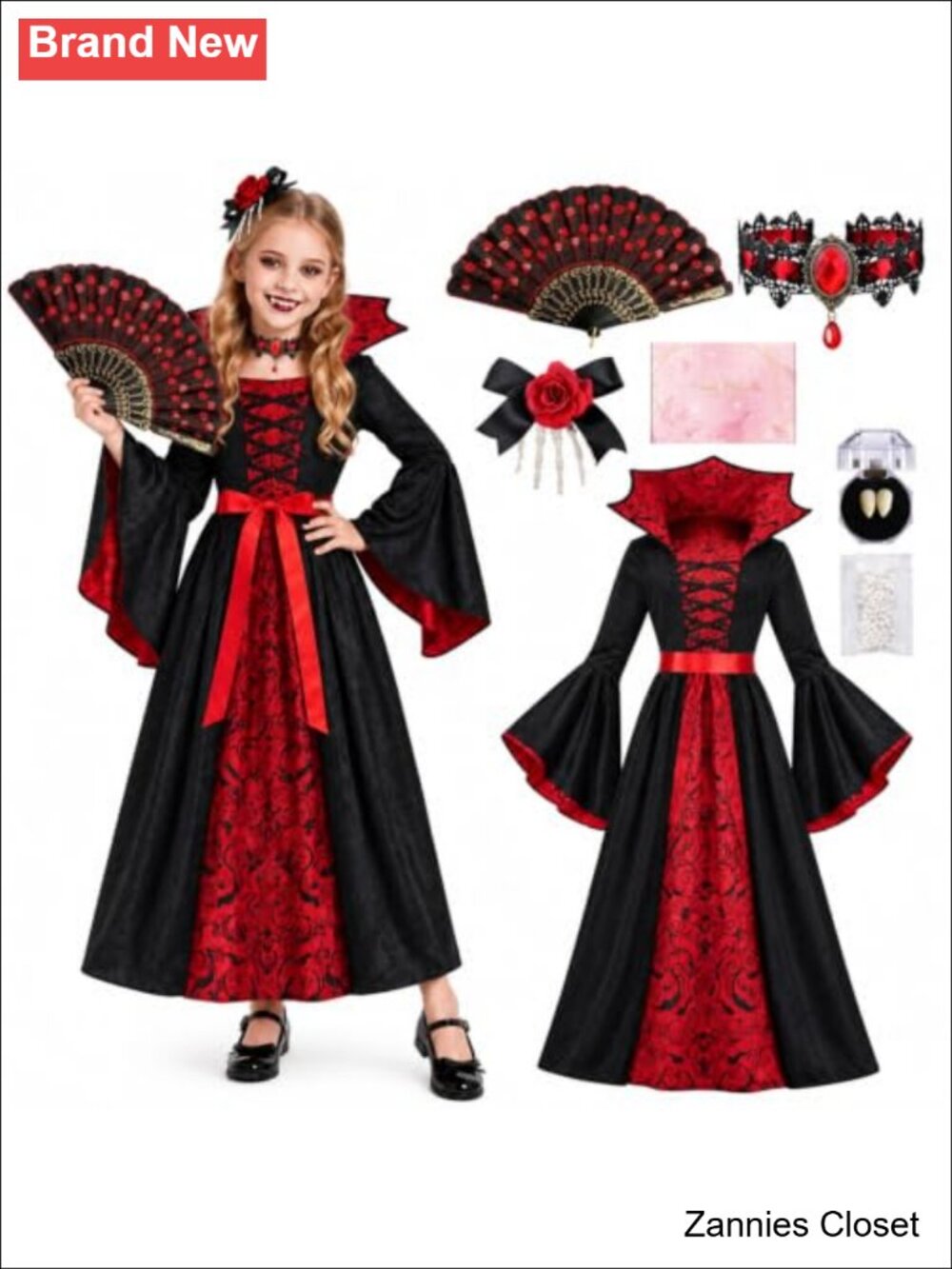 👻 Gothic Victorian Vampiress Dress Set Girls Costume 6-Piece